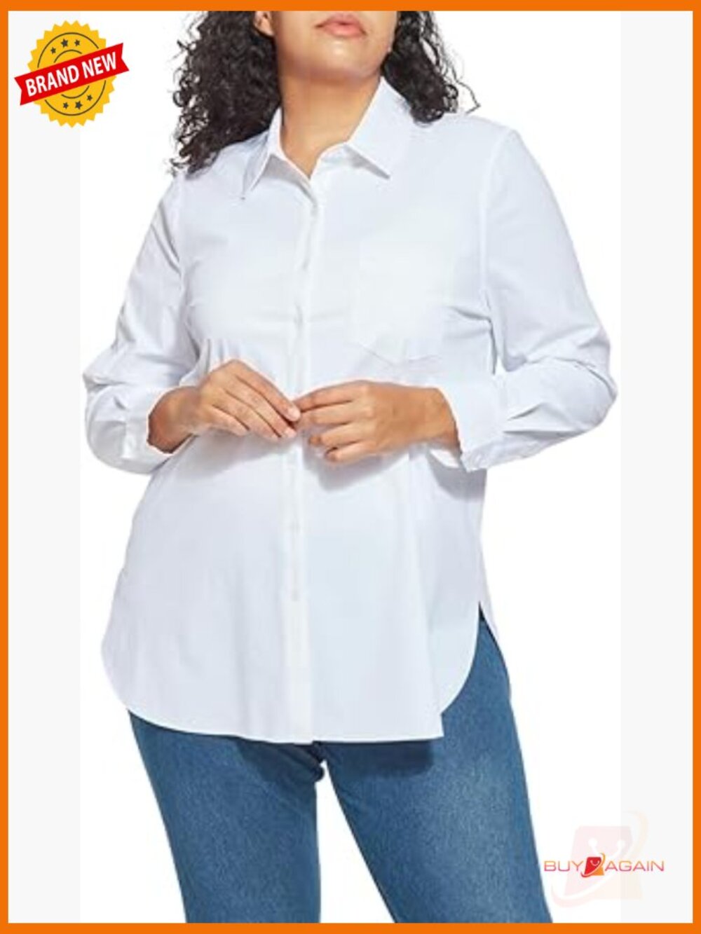 Long Sleeve Button Down Blouse Laser Cut Hem Office Work Top Relaxed Fit
